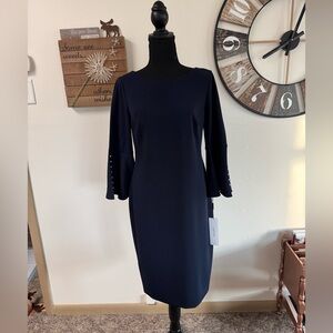 Sz 8 Calvin Klein crepe sheath dress midnight blue. Pearl buttons. NWT CLASSY!